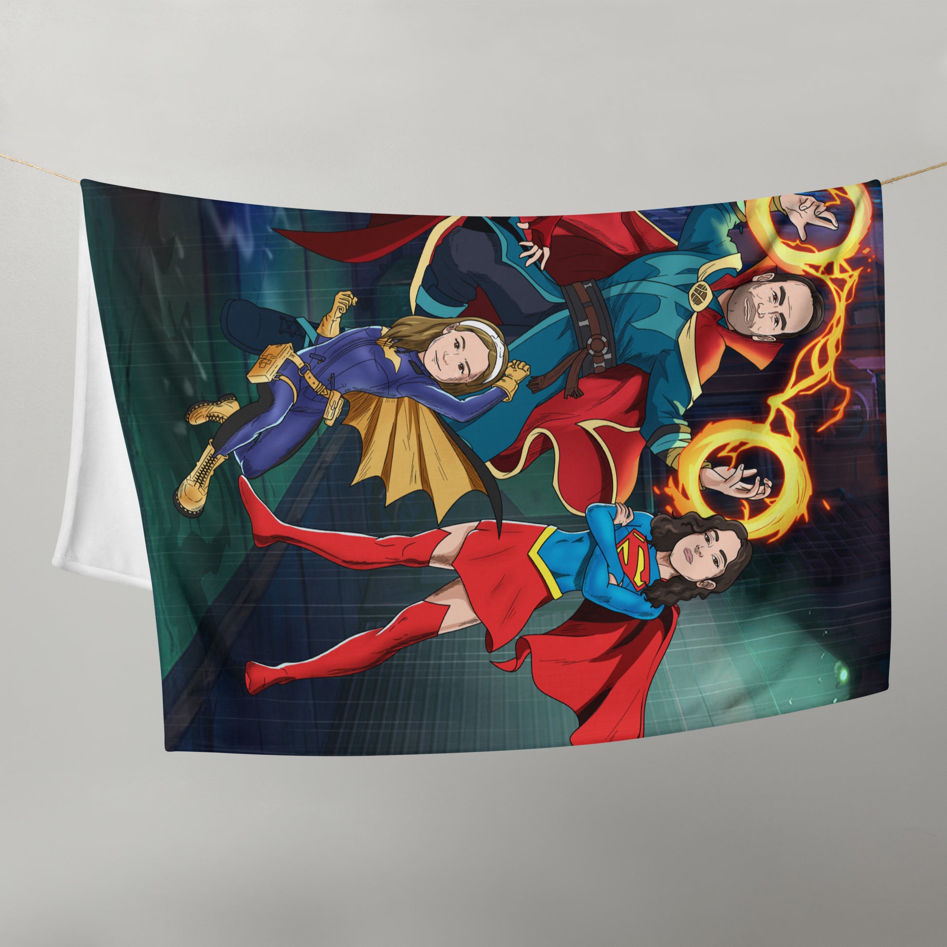 Custom Marvel-style superhero comic book portrait on soft fleece blanket — hand-drawn from customer photo