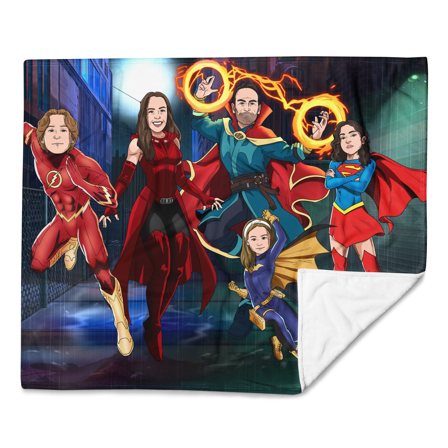 Custom Marvel-style superhero comic book portrait on soft fleece blanket — hand-drawn from customer photo